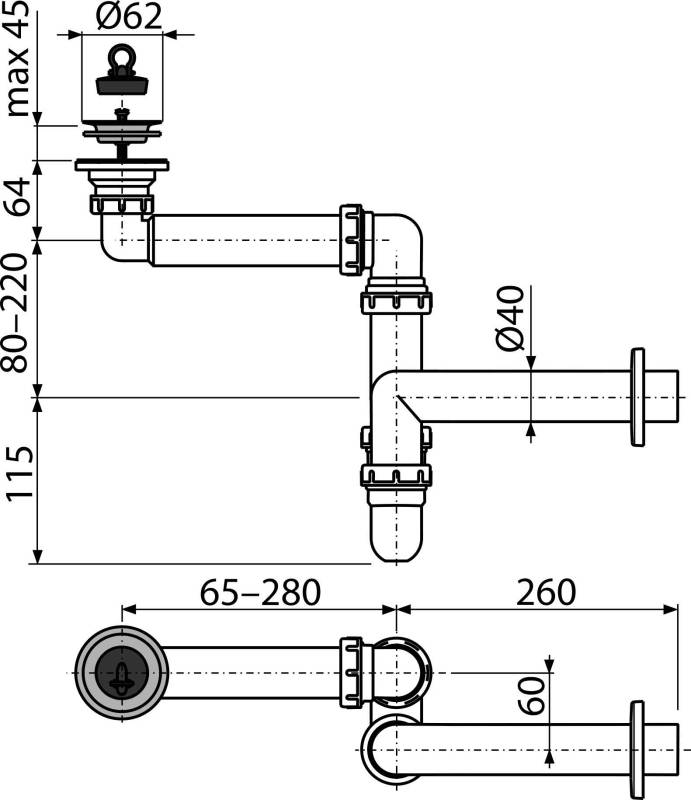 Alcadrain Raumsparsiphon DN 40 für die Waschbecken DN63