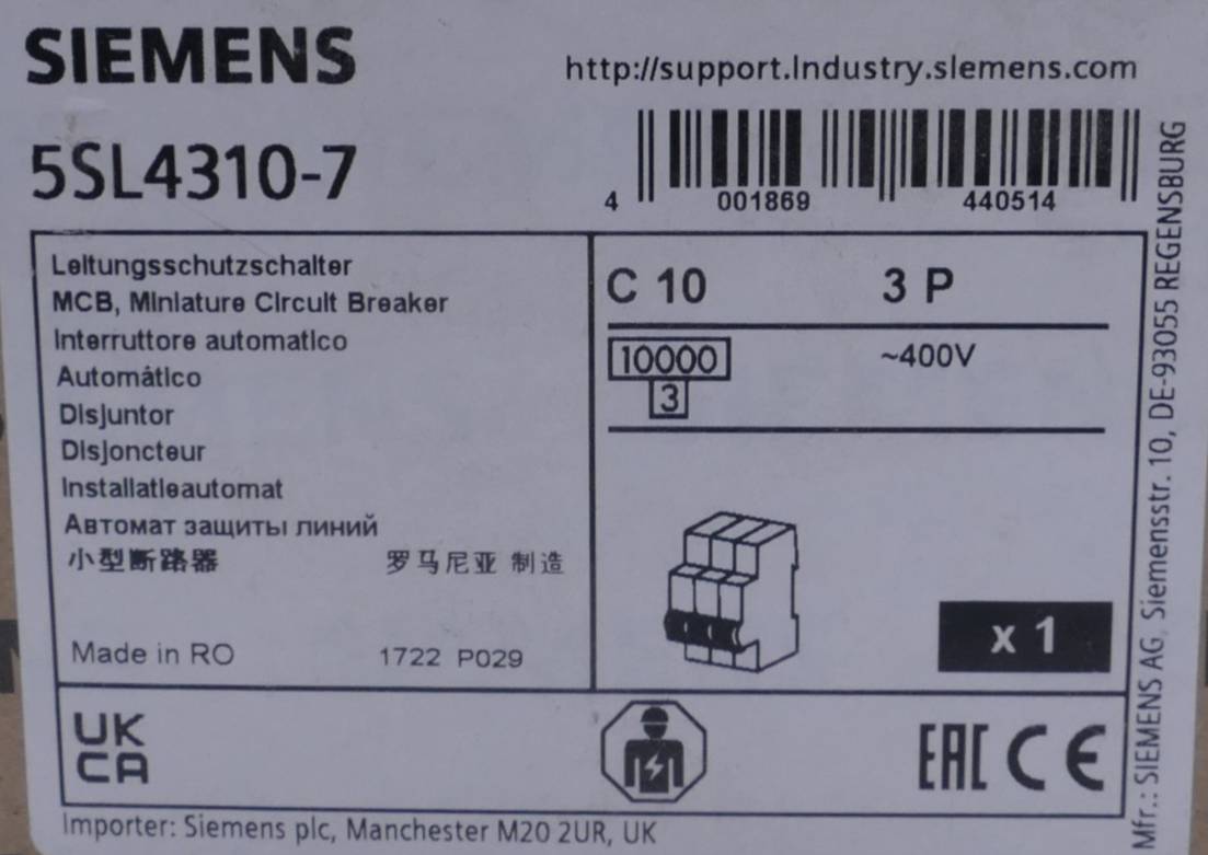 Siemens Dig.Industr. Leitungsschutzschalter 400V,10KA,3p.,C,10A 5SL4310-7