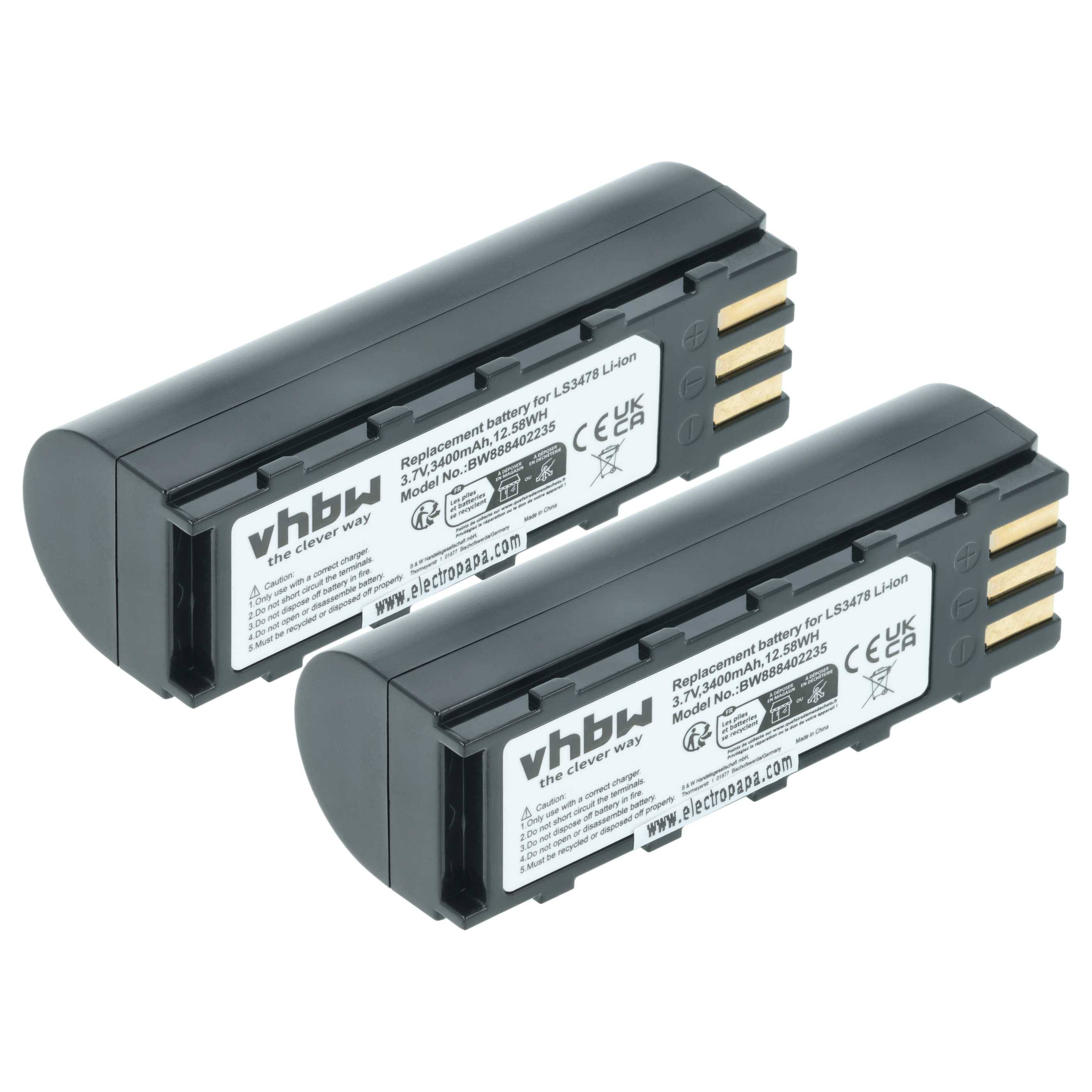 vhbw 2x Akku Ersatz für Symbol BTRY-LS34IAB00-00, 21-62606-01 für Barcodescanner POS (3400 mAh, 3,7 V, Li-Ion)