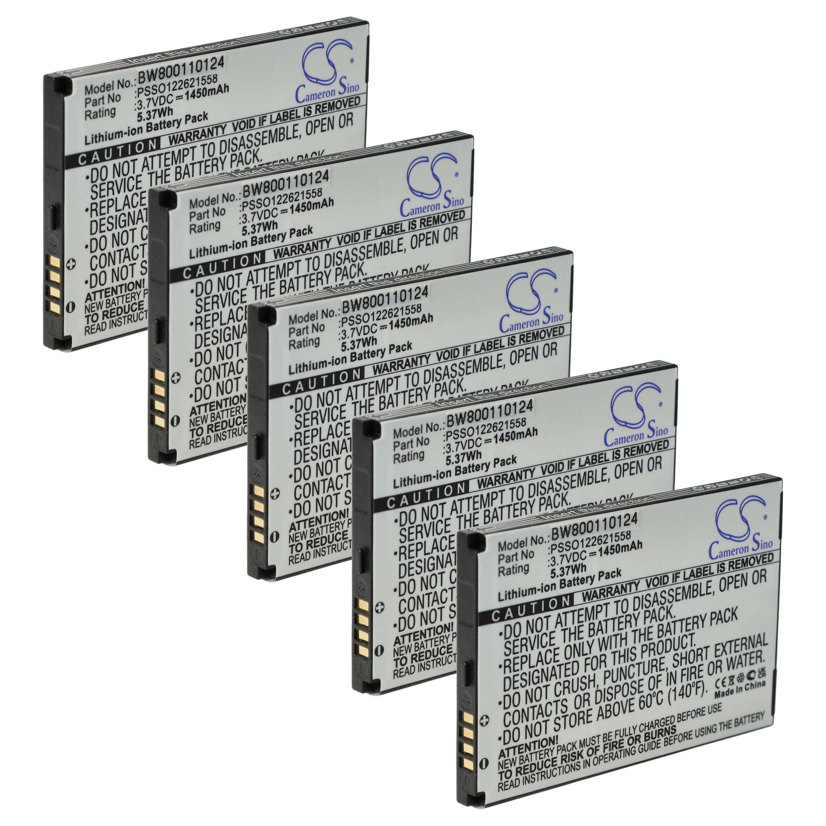 vhbw 5x Akku kompatibel mit Honeywell Dolphin 6000 | Barcodescanner POS (1450 mAh, 3,7 V, Li-Ion)
