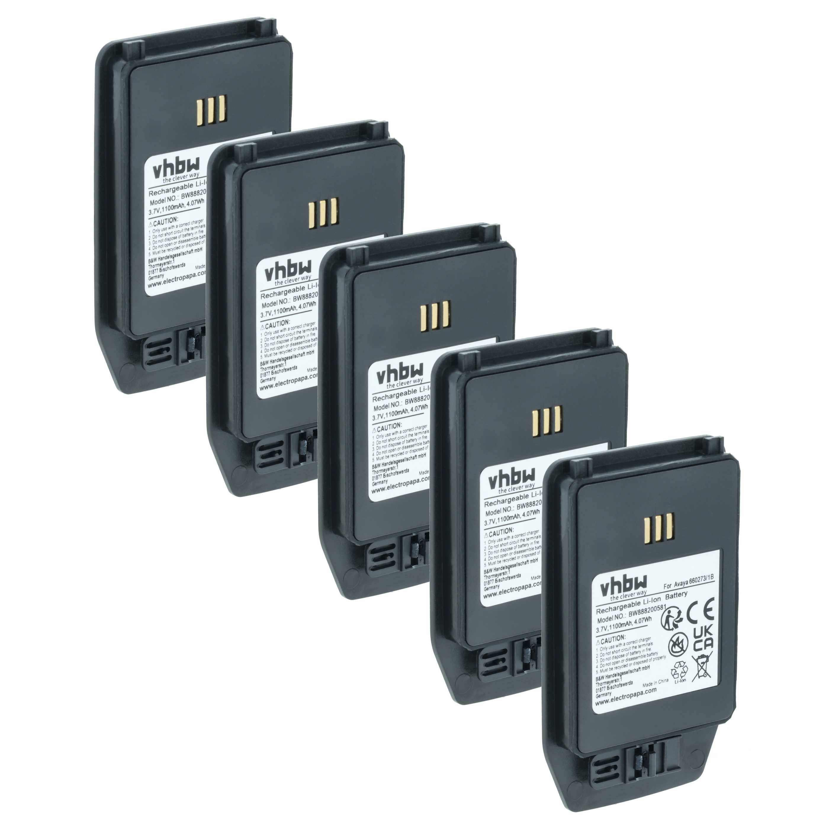 vhbw 5x Akku kompatibel mit Innovaphone D81 EX Handy Smartphone Telefon (1100 mAh, 3,7 V, Li-Ion)