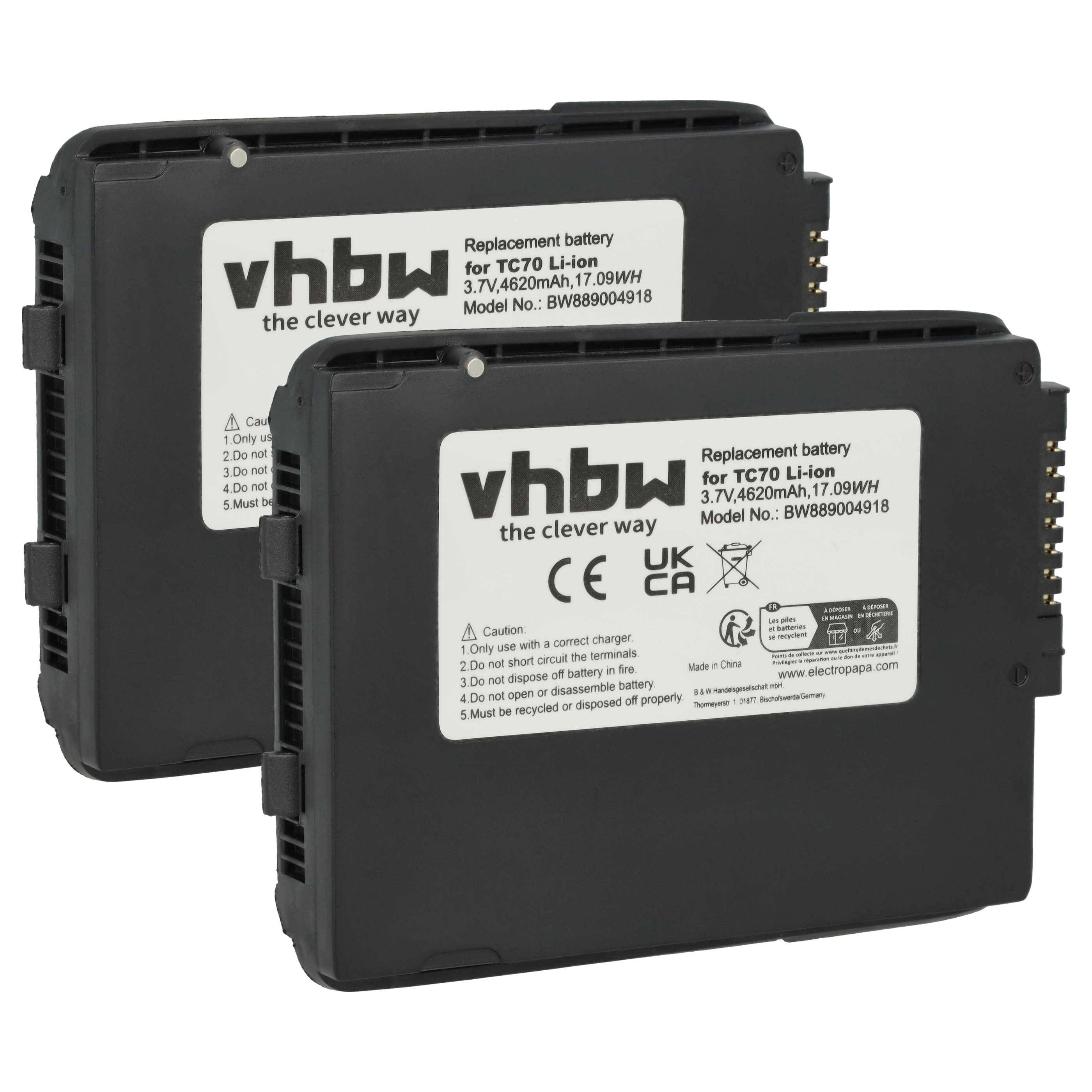 vhbw 2x Akku Ersatz für Motorola BTRY-TC7X-46MA2, BTRY-TC70X-46MA1-01 für Barcodescanner POS (4620 mAh, 3,7 V, Li-Ion)