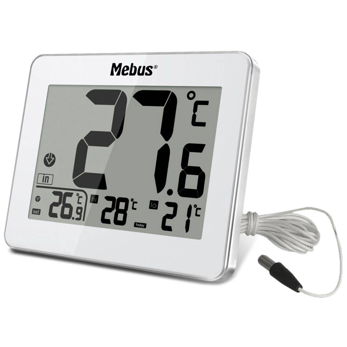 Mebus 01074, Elektronisches Umgebungsthermometer, Indoor/Outdoor, Digital, Weiß, Rechteckig, F, °C