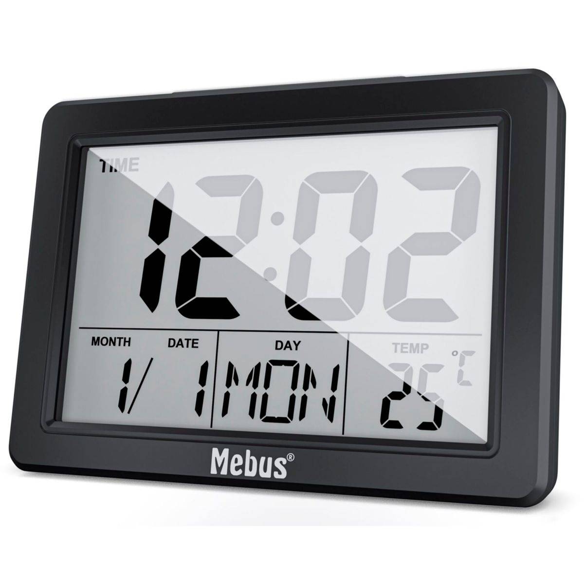 Mebus 25739, Quarzwecker, Rechteck, Schwarz, 12/24 h, F, °C, Blau