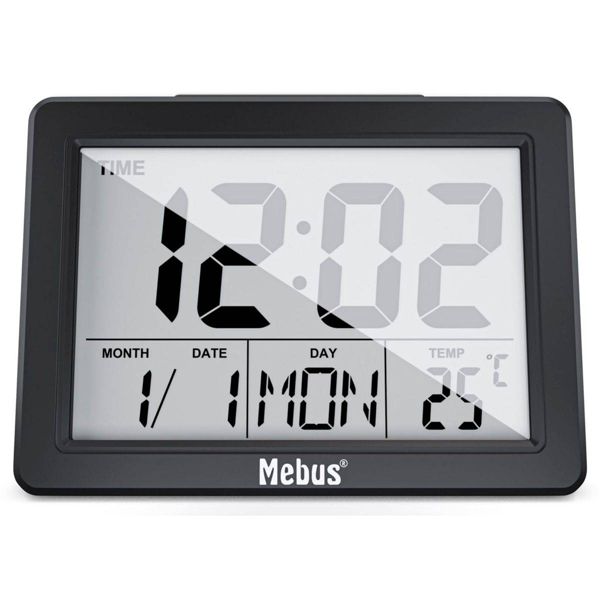 Mebus 25739, Quarzwecker, Rechteck, Schwarz, 12/24 h, F, °C, Blau