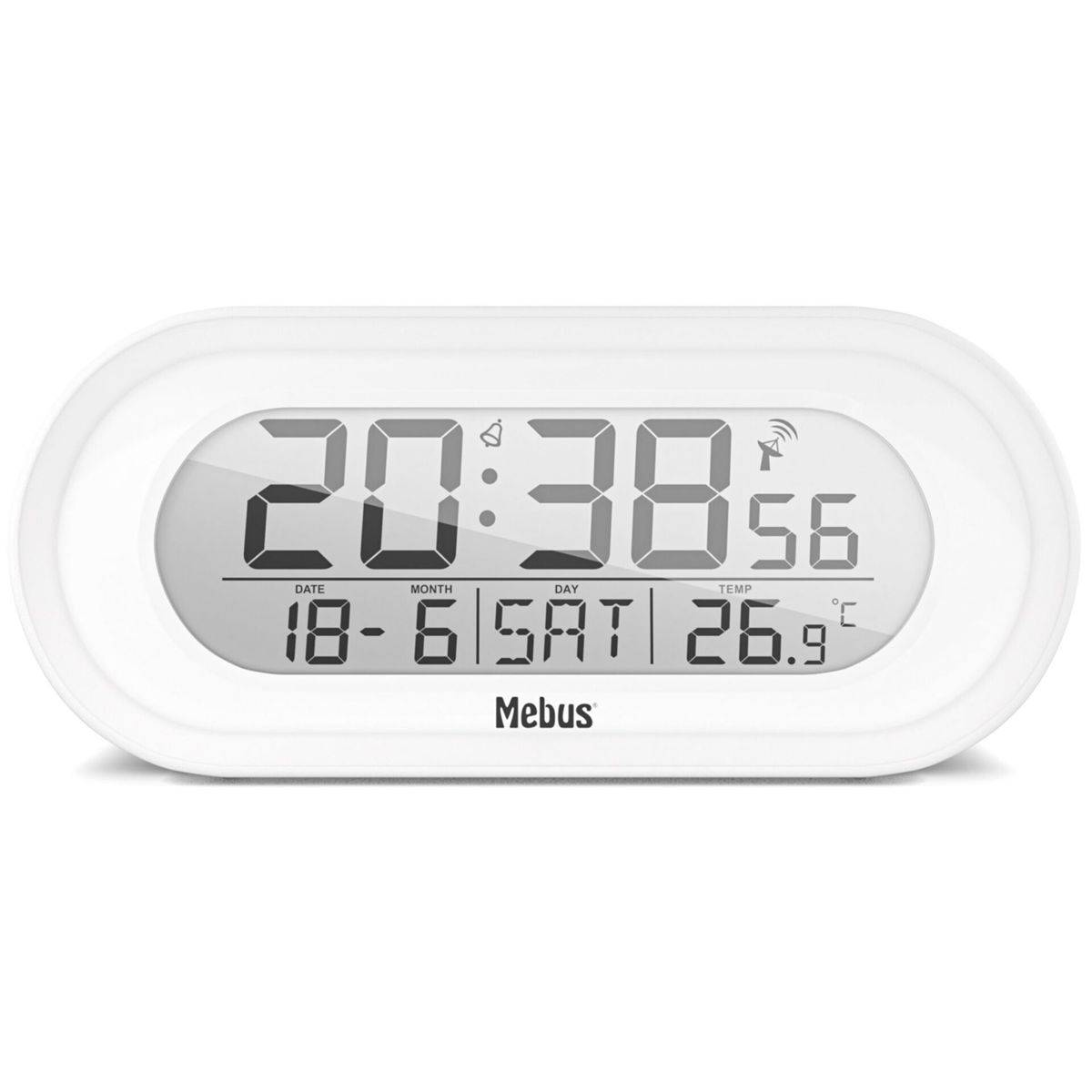 Mebus 25808, Digitaler Wecker, Oval, Weiß, F, °C, Blau, Akku