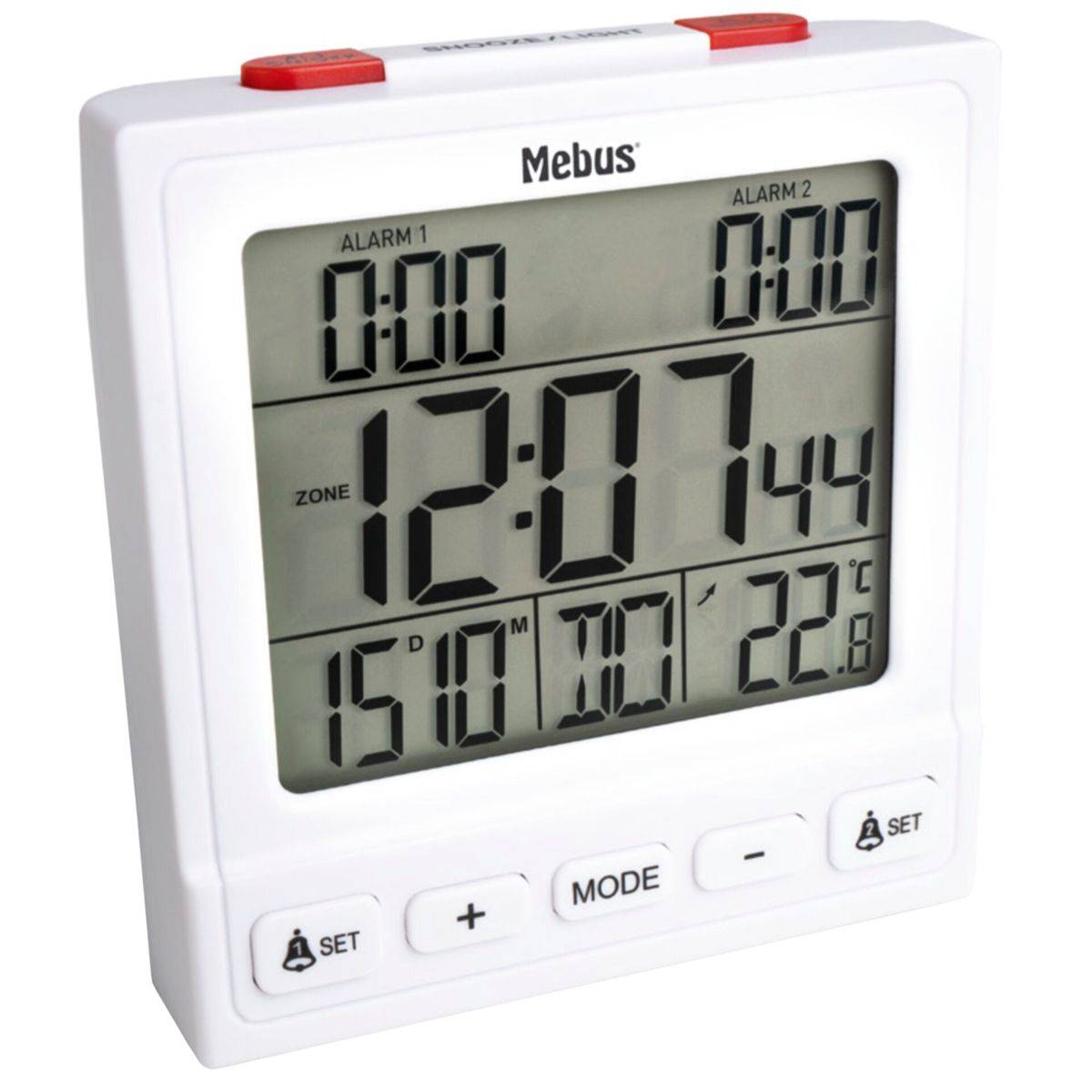 Mebus 56813, Digitaler Wecker, Rechteck, Weiß, 12/24 h, F, °C, Weiß