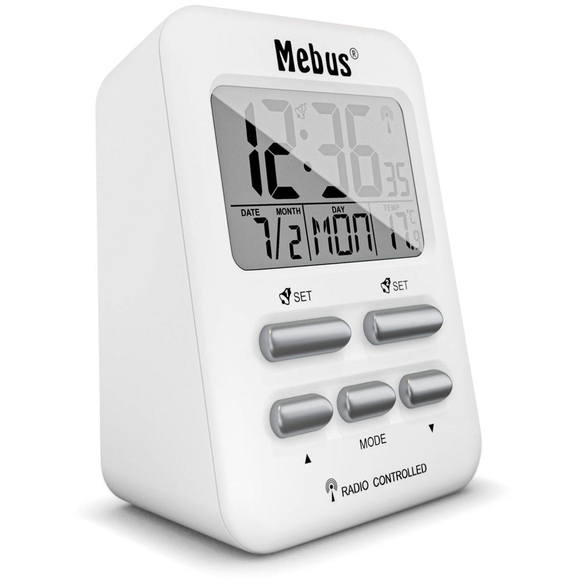 Mebus 25800, Digitaler Wecker, Rechteck, Weiß, 12/24 h, F, °C, Blau