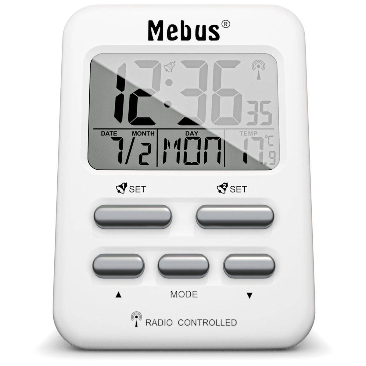 Mebus 25800, Digitaler Wecker, Rechteck, Weiß, 12/24 h, F, °C, Blau