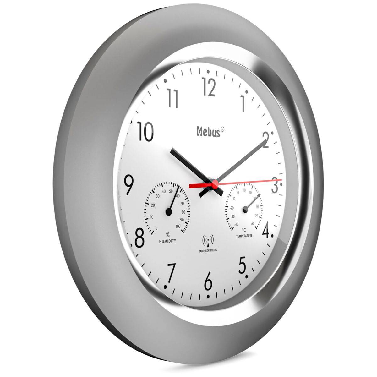 Mebus 19454, Wand, Digitale Uhr, Rund, Silber, Weiß, Kunststoff, Modern