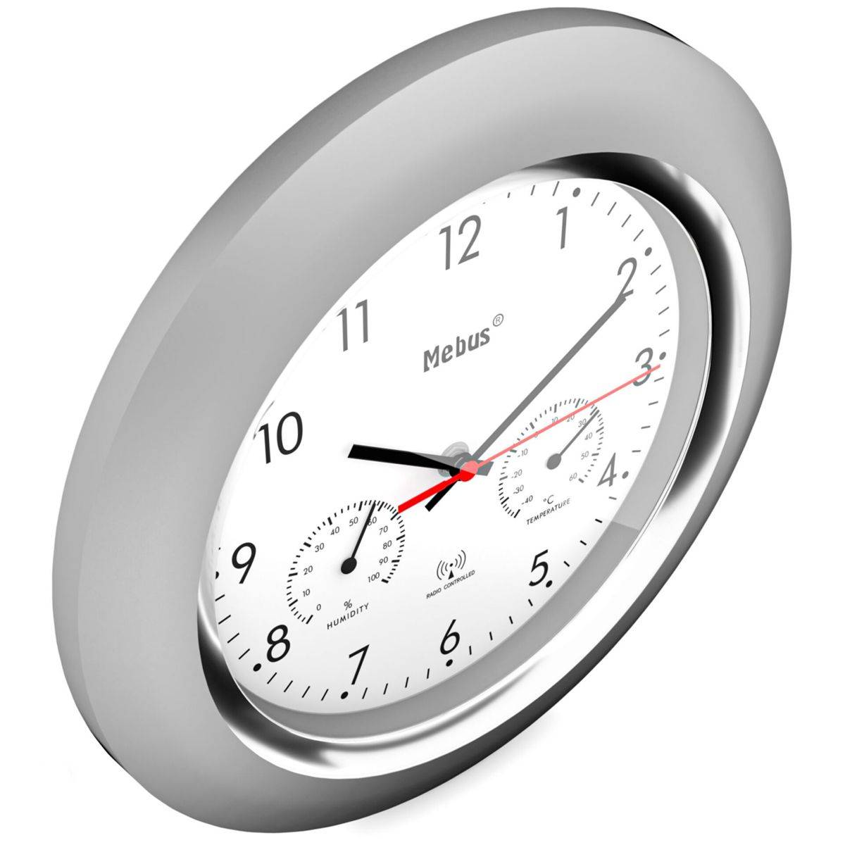 Mebus 19454, Wand, Digitale Uhr, Rund, Silber, Weiß, Kunststoff, Modern