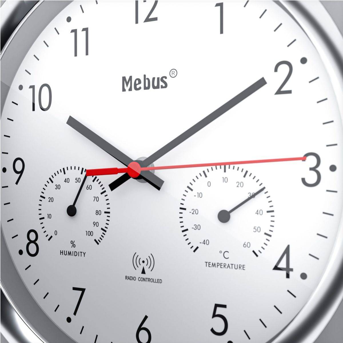 Mebus 19454, Wand, Digitale Uhr, Rund, Silber, Weiß, Kunststoff, Modern