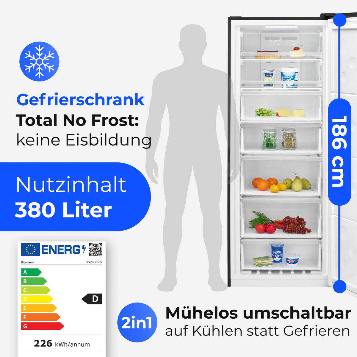 Bomann Gefrierschrank GSVS 7365 weiß, 380 l, 18 kg/24h, SN-T, No-Frost-System, D, Schwarz