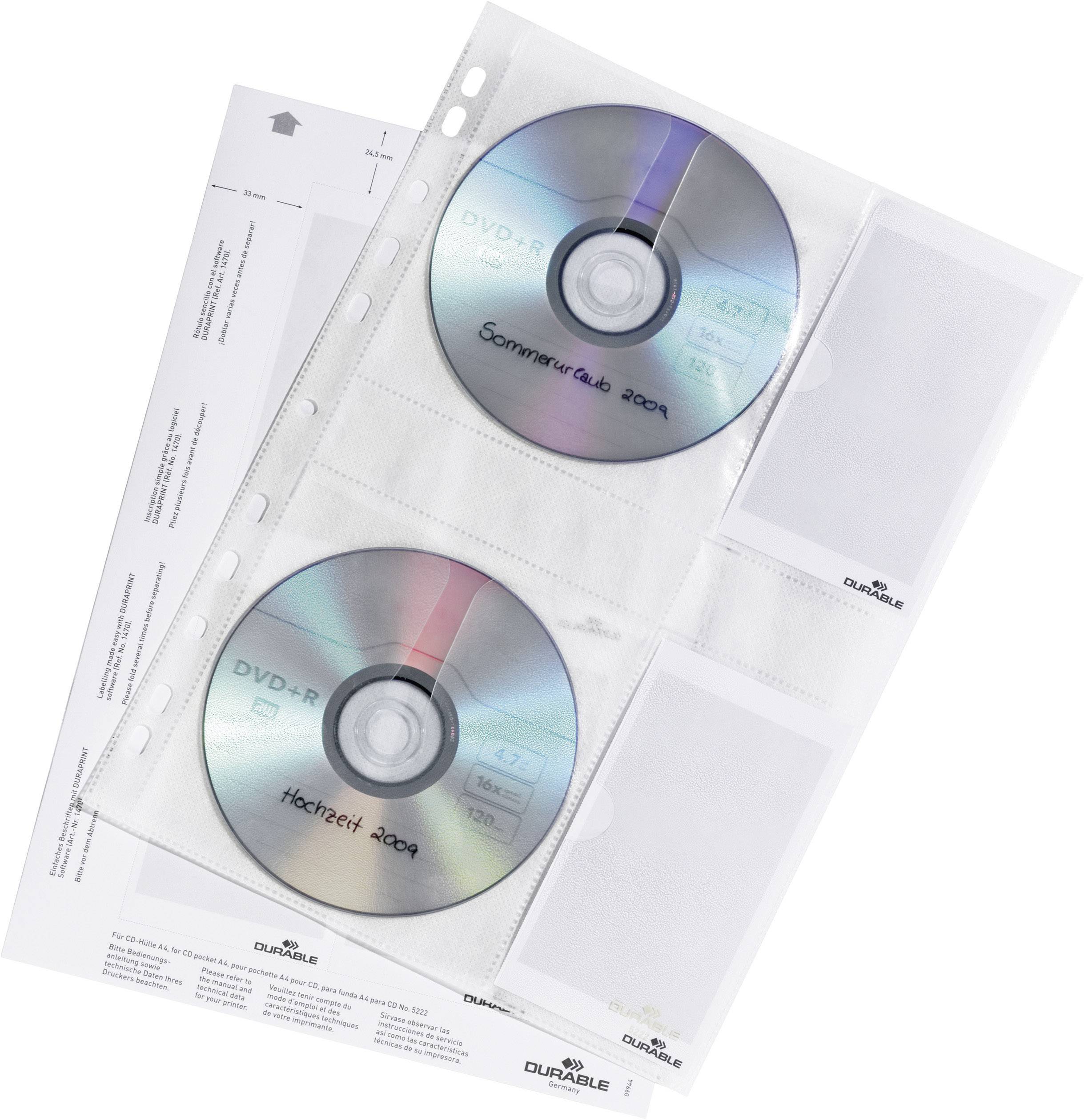 Zwei beschriftete DVDs in einer transparenten Hülle. Die obere Disk: 'Sommerurlaub 2009'. Die untere Disk: 'Hochzeit 2008'.