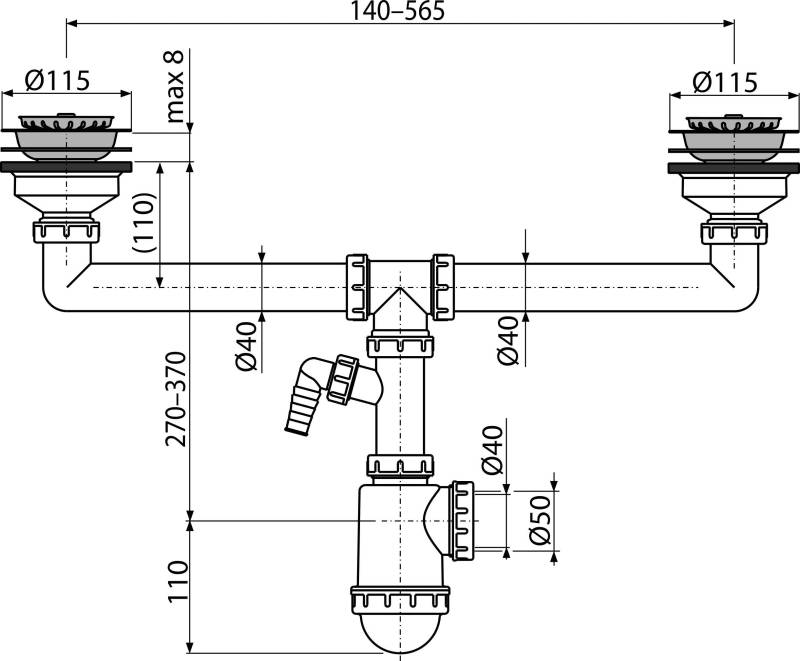 Alcadrain Doppelspülbeckensiphon mit einem Edelstahlgitter DN 115 und einem Geräteanschluss