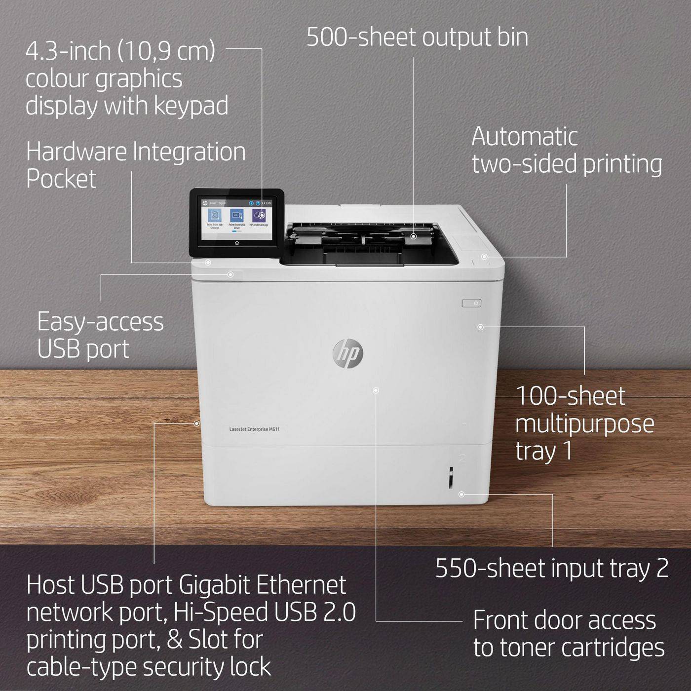 HP LaserJet Enterprise M611dn, Laser, 1200 x 1200 DPI, A4, 61 Seiten pro Minute, Doppelseitiger Druck, WeißRefurbished