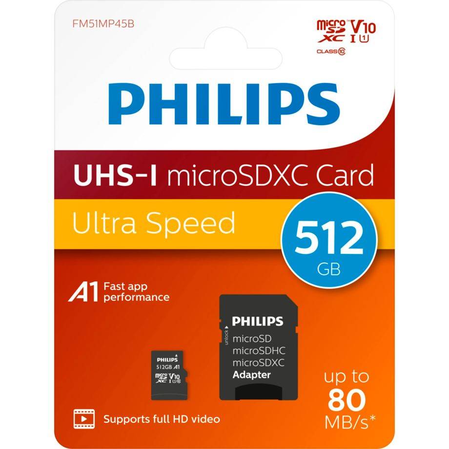Philips MicroSDXC Card 512 GB Class 10 UHS-I U1 incl. Adapter Extended Capacity SD MicroSDHC
