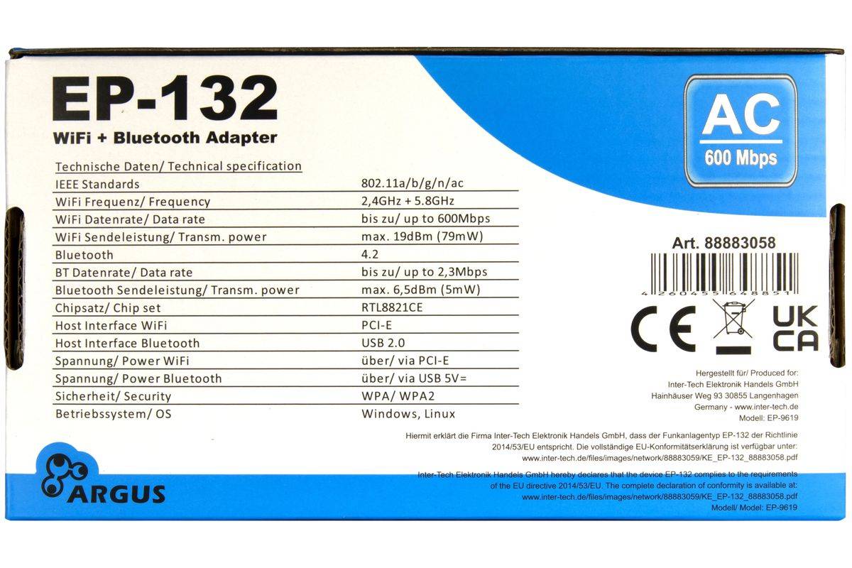Inter-Tech Wi-Fi 5 PCIe Adapter EP-132 Antenne,Bluetooth 4.2 Multimedia-Technik PCI Express Karten