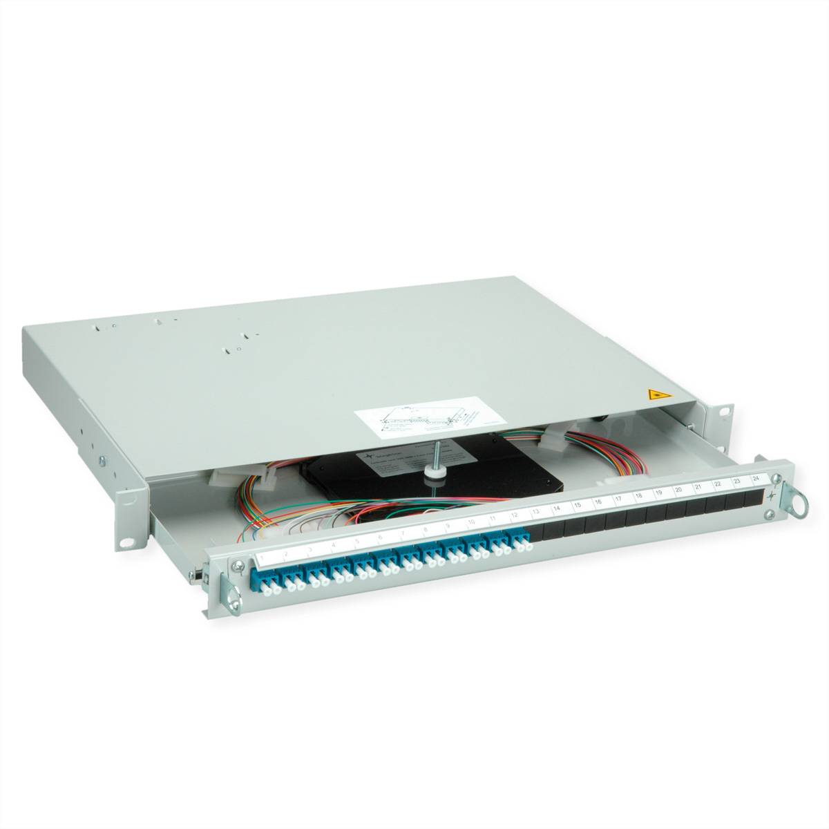 TELEGÄRTNER PROFI V LWL-Panel mit Kupplungen & Pigtails, 12x LC Duplex, blau, OS2 PC, Grade B