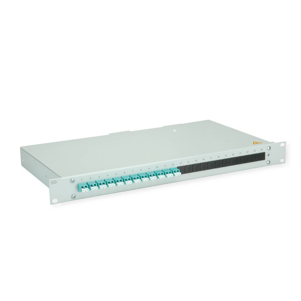 TELEGÄRTNER BASIS eco LWL-Panel mit Kupplungen & Pigtails, 12x LC Duplex, türkis, OM3, Grade C
