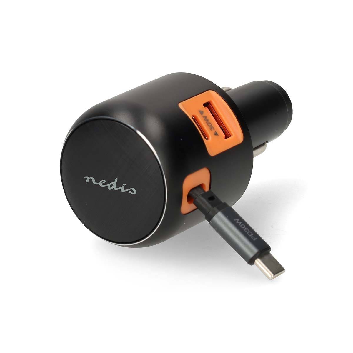 60W Kfz-Ladegerät mit aufrollbarem USB-C-Kabel und USB-Ports Dunkelgrau