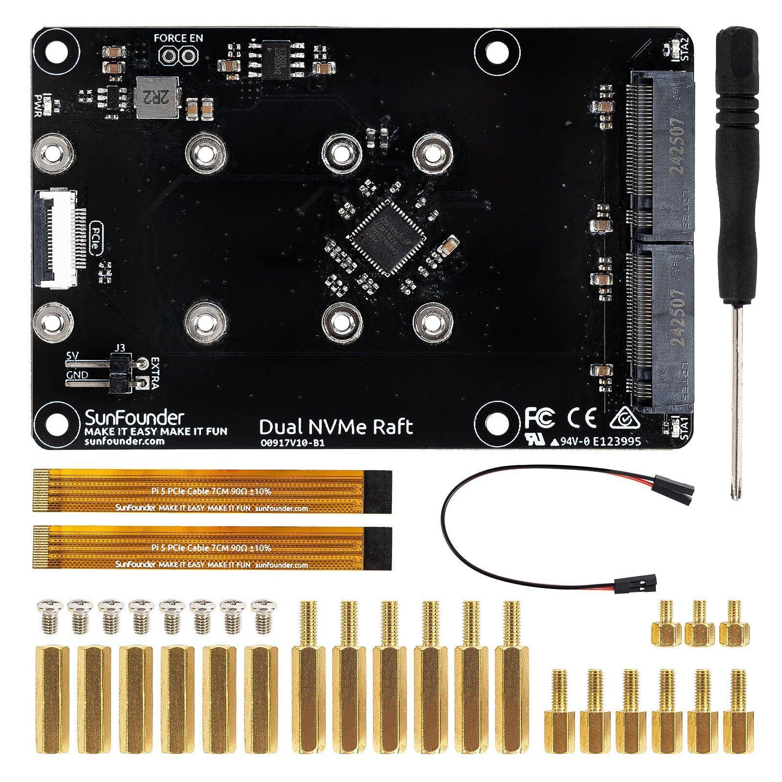 SunFounder Dual NVMe Raft für Raspberry Pi 5, PCIe Gen 2.0, 2x M-Key SSD, RAID 0/1, 3A pro Slot