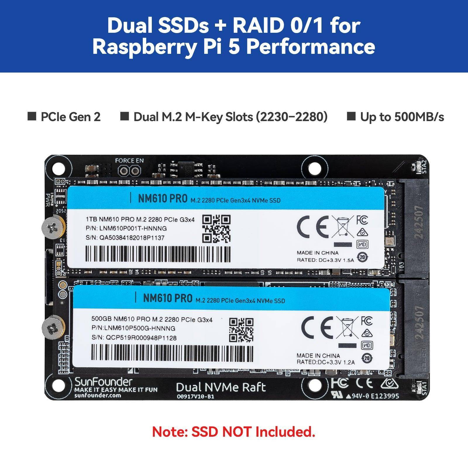 SunFounder Dual NVMe Raft für Raspberry Pi 5, PCIe Gen 2.0, 2x M-Key SSD, RAID 0/1, 3A pro Slot
