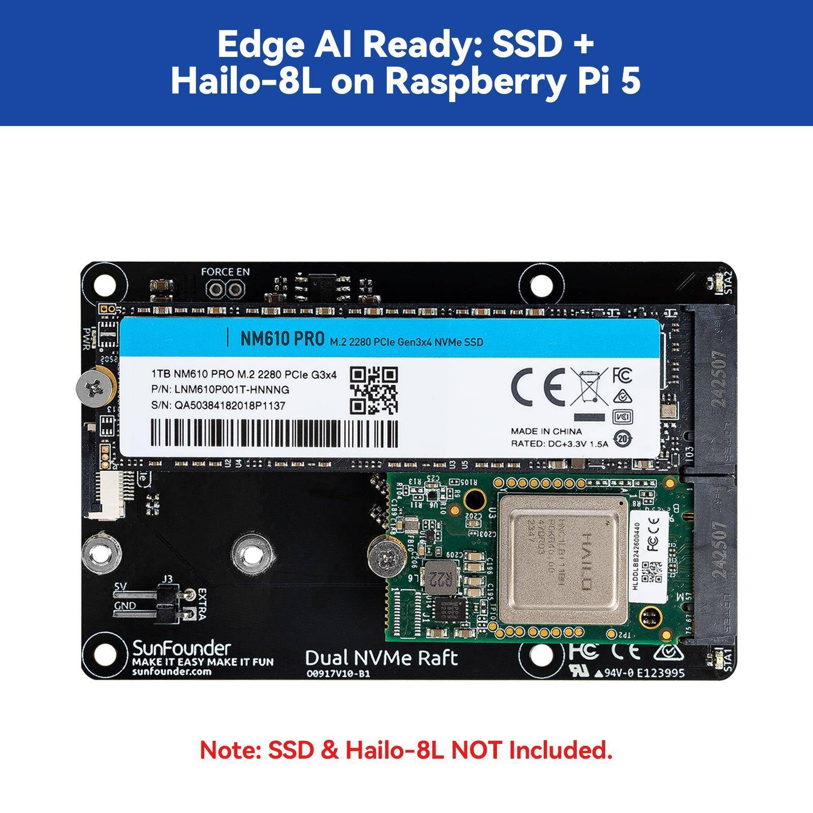 SunFounder Dual NVMe Raft für Raspberry Pi 5, PCIe Gen 2.0, 2x M-Key SSD, RAID 0/1, 3A pro Slot