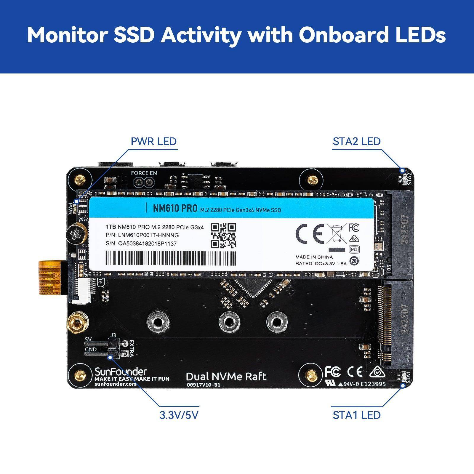 SunFounder Dual NVMe Raft für Raspberry Pi 5, PCIe Gen 2.0, 2x M-Key SSD, RAID 0/1, 3A pro Slot