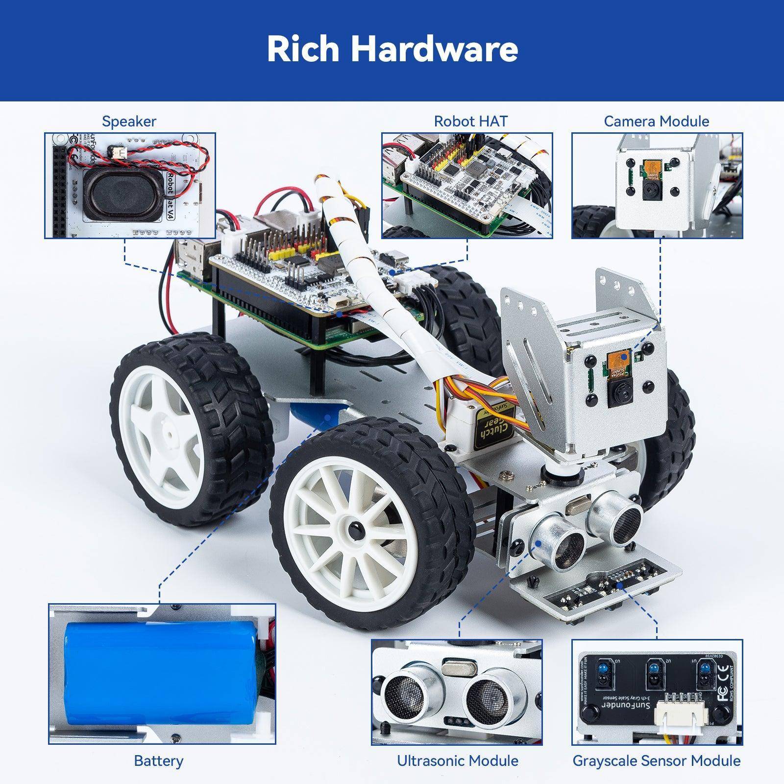 SunFounder PiCar-X AI Video Robot Car Kit, 5MP Kamera, Robot Hat, Sprachsteuerung, Python, 2x18650