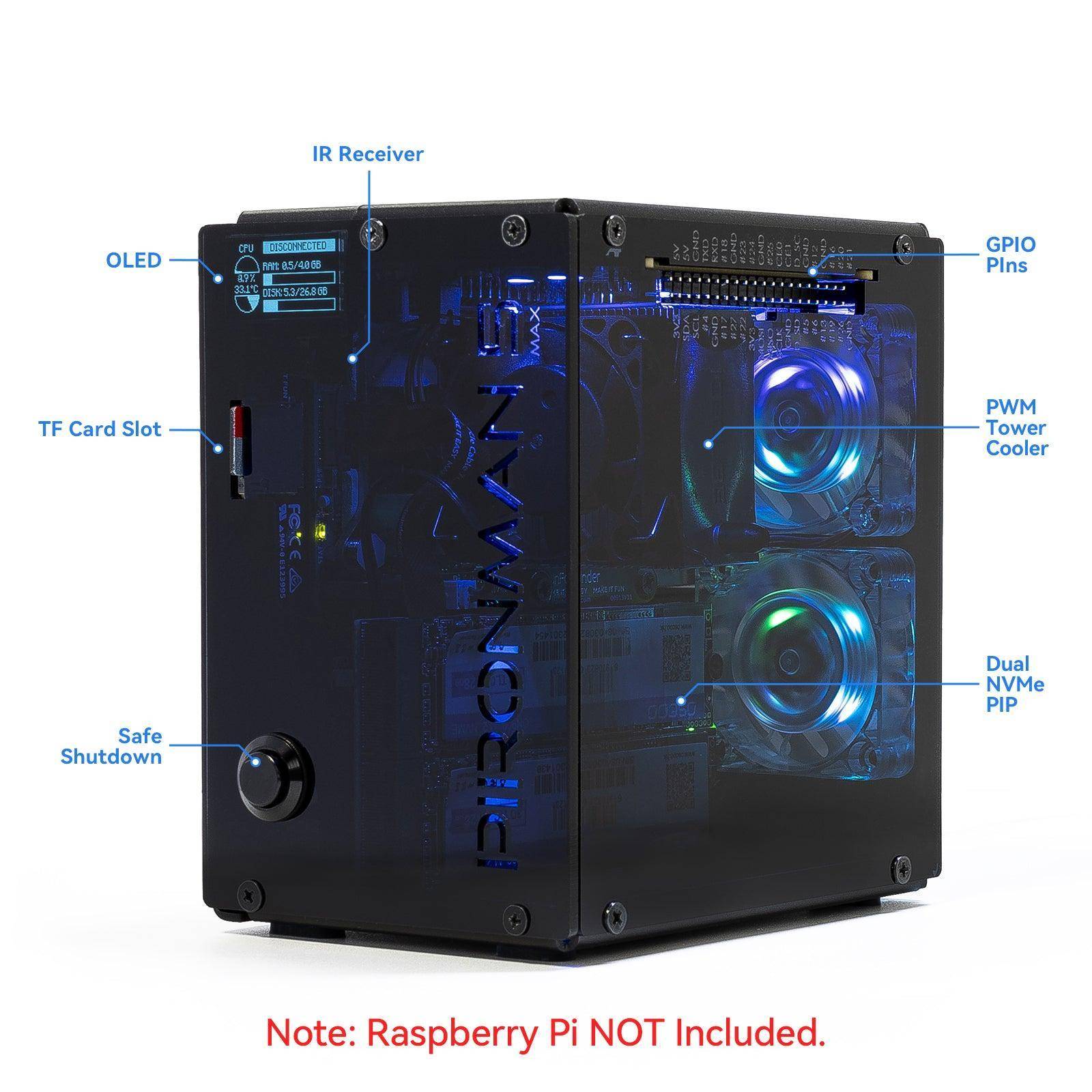 SunFounder Pironman 5-MAX Mini-Tower-Gehäuse Kit, 2 NVMe RAID, PCIe, PWM-Kühler, RGB-Lüfter, schwarz