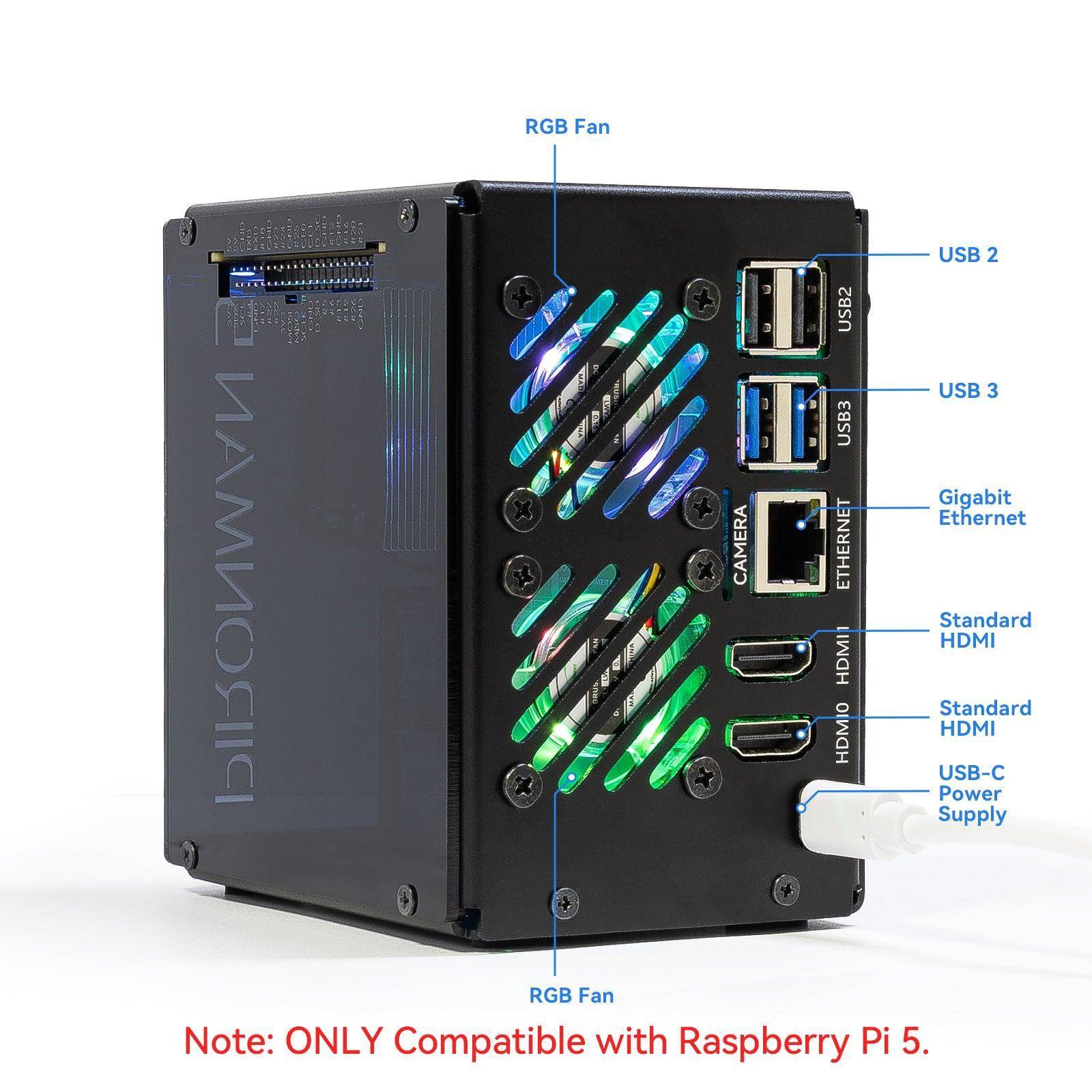 SunFounder Pironman 5-MAX Mini-Tower-Gehäuse Kit, 2 NVMe RAID, PCIe, PWM-Kühler, RGB-Lüfter, schwarz
