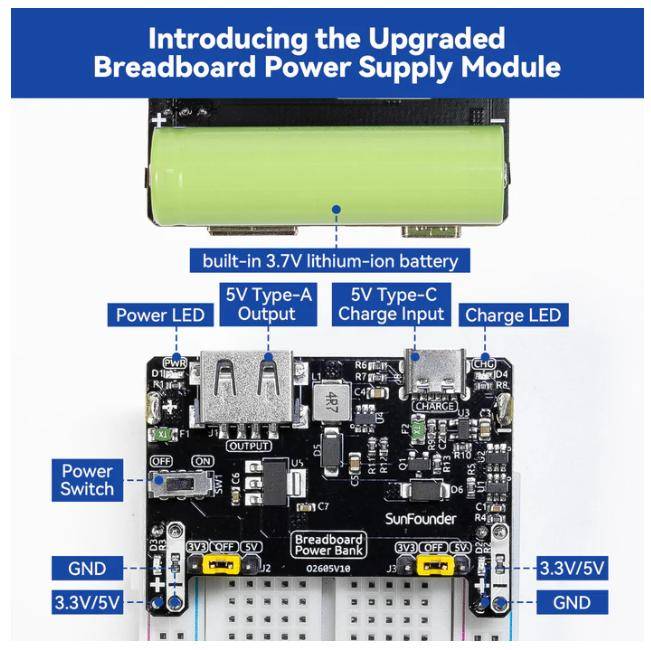 SunFounder BreadVolt Breadboard Akku Stromversorgung, 5V/1,5A oder 3,3V/1A, USB-C