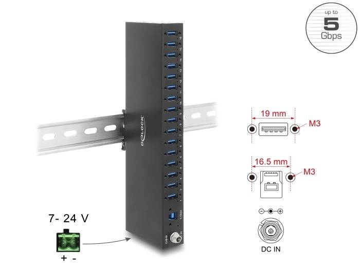 Delock Industrie Hub 16 x USB 5 Gbps Typ-A mit 8 kV ESD Schutz und