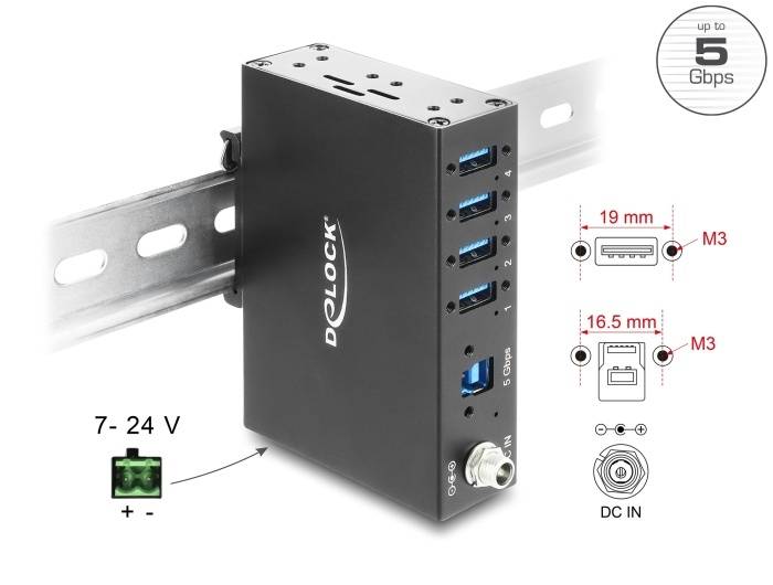 Delock Industrie Hub 4 x USB 5 Gbps Typ-A mit 8 kV ESD Schutz und