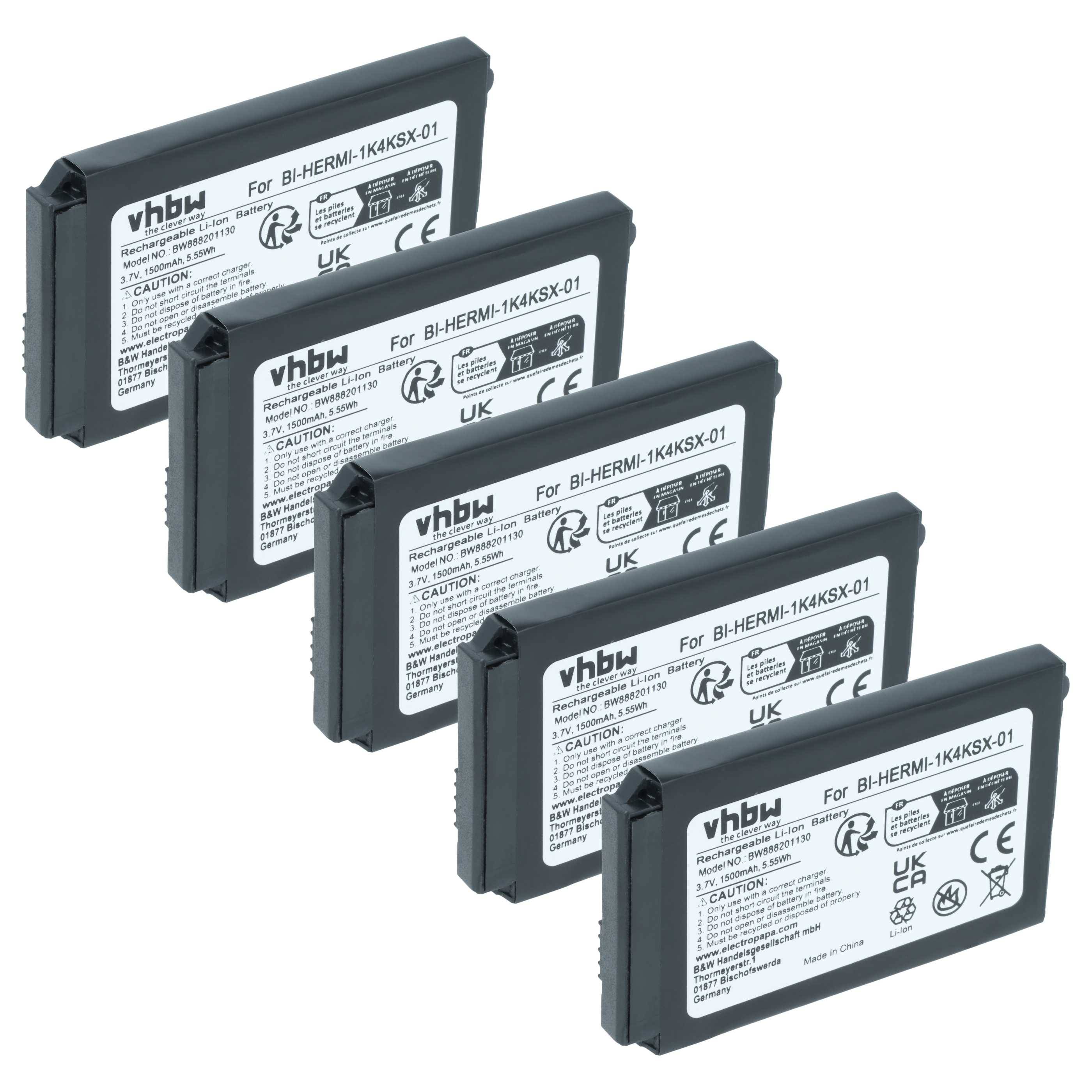 vhbw 5x Akku Ersatz für Cisco BI-HERMI-1K4KSX-01 für schnurlos Festnetz Telefon (1500 mAh, 3,7 V, Li-Ion)