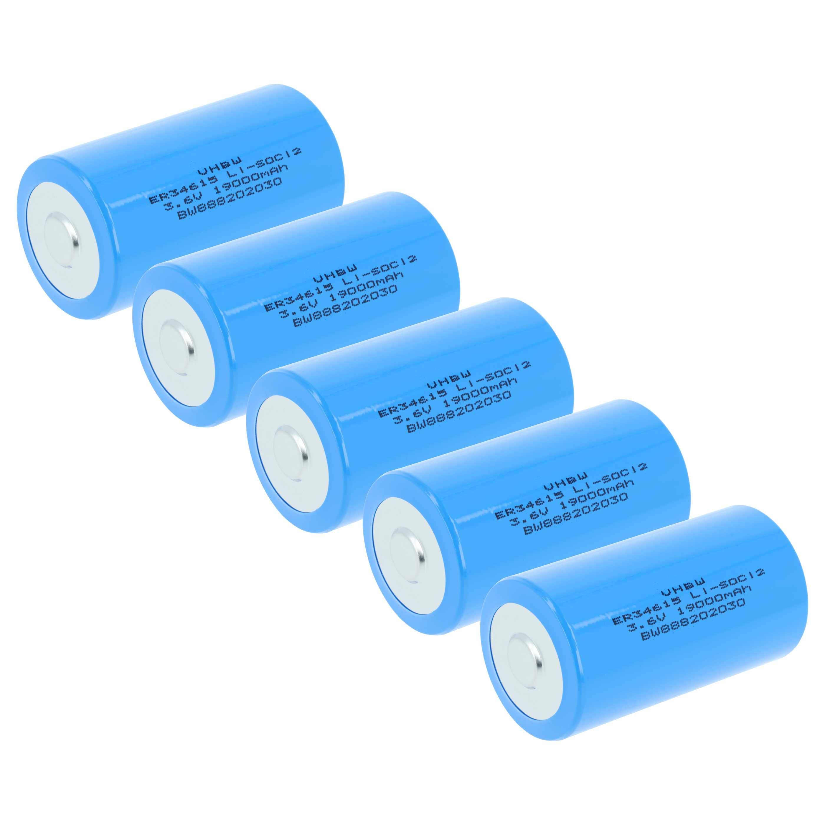 vhbw 5x ER34615 Rundzellenbatterien - Primärbatterien (19000 mAh, 3,6 V, Li-SOCl2)