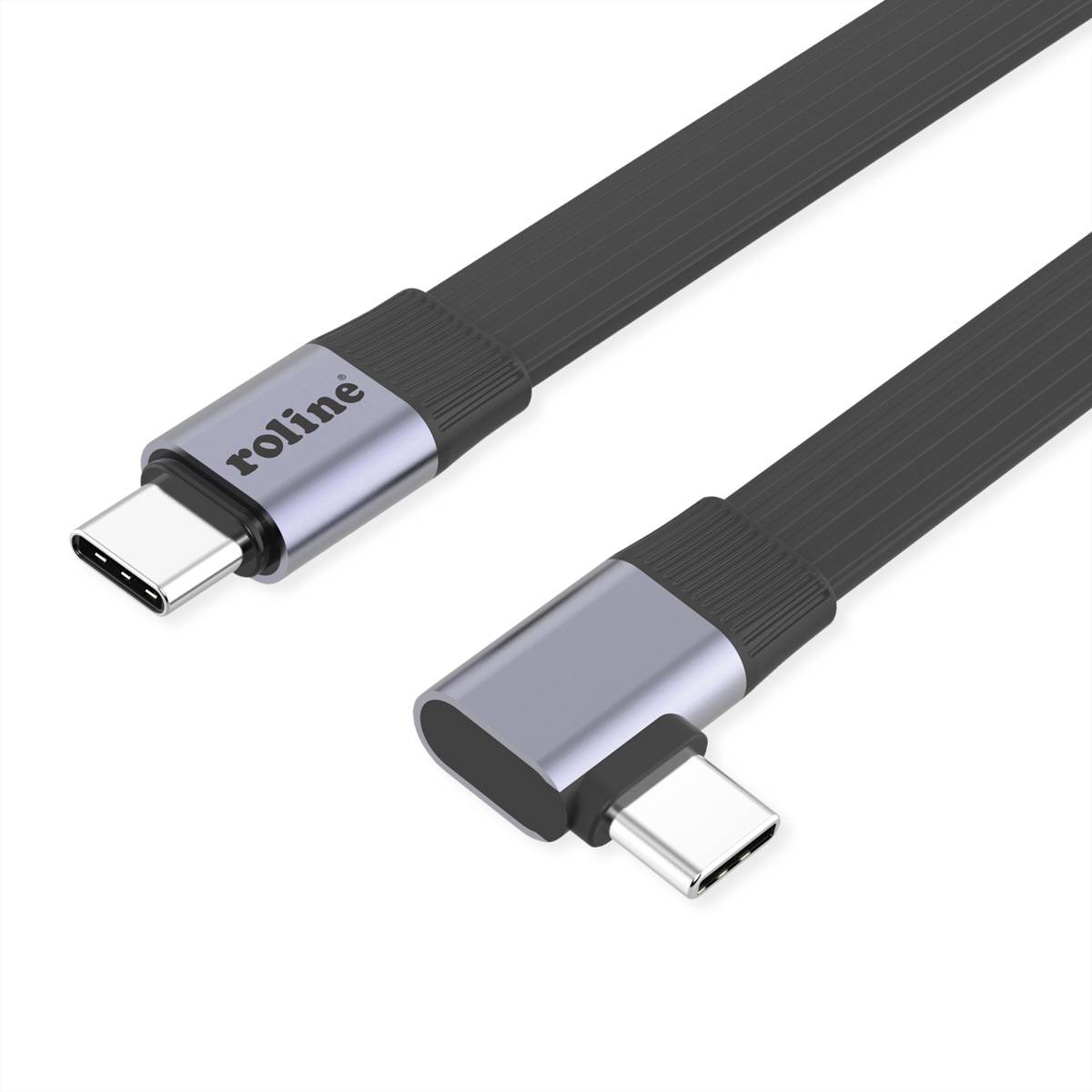 Roline USB4 2.0 Flachkabel, C–C, ST/ST, 8K UHD-2, 80Gbit/s, 240W, einseitig 90°-gewinkelt, schwarz, 0,13m