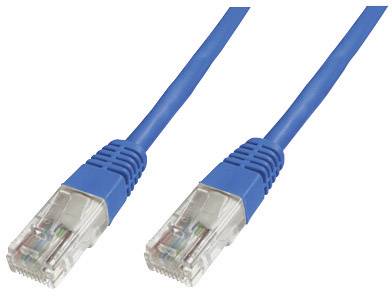 Zwei blaue Ethernet-Kabel mit transparenten RJ-45-Steckern an den Enden, die für Netzwerkverbindungen verwendet werden.