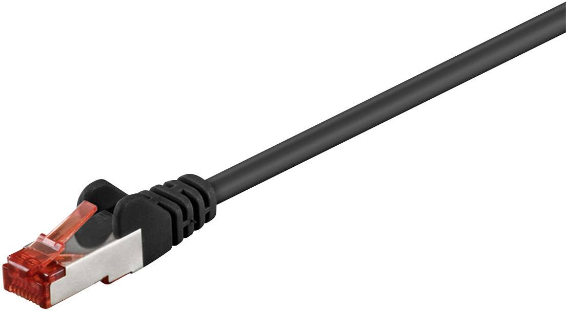 Ein schwarzes Netzwerkkabel mit einem roten Kunststoffstecker am Ende.