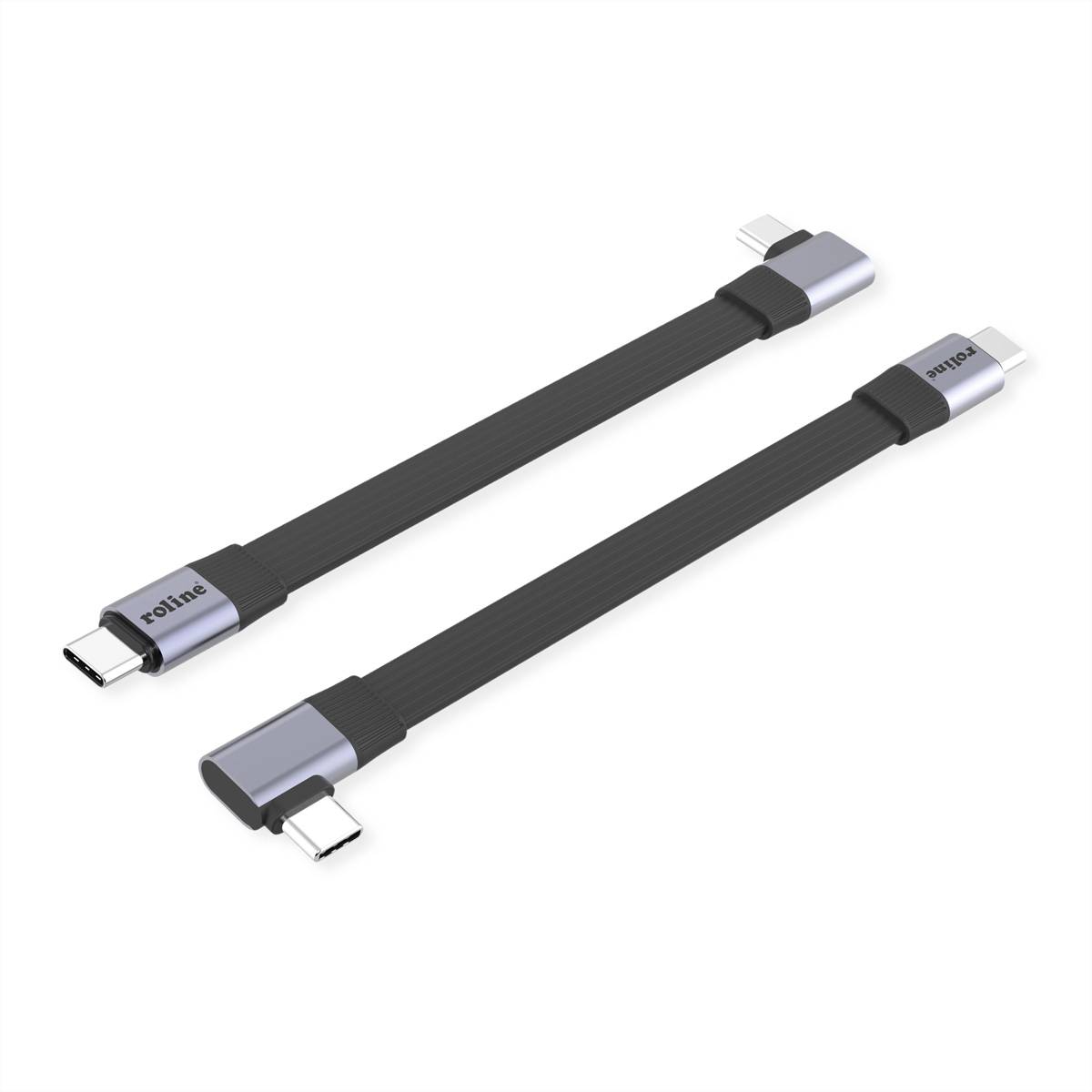 Roline USB4 2.0 Flachkabel, C–C, ST/ST, 8K UHD-2, 80Gbit/s, 240W, einseitig 90°-gewinkelt, schwarz, 0,13m