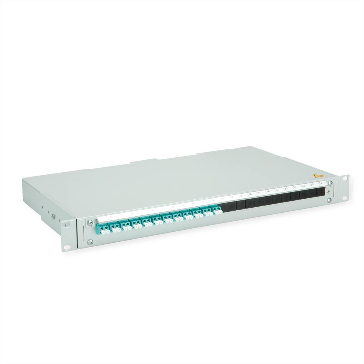 TELEGÄRTNER BASIS V LWL-Panel mit Kupplungen & Pigtails, 12x LC Duplex, türkis, OM3