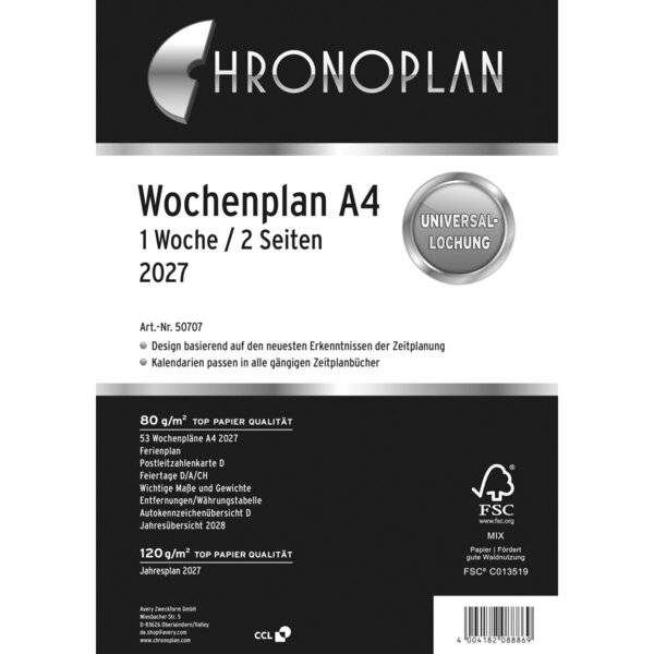 Wochenplan A4 1 Woche/2 Seiten Kalendarium 2017 weiß