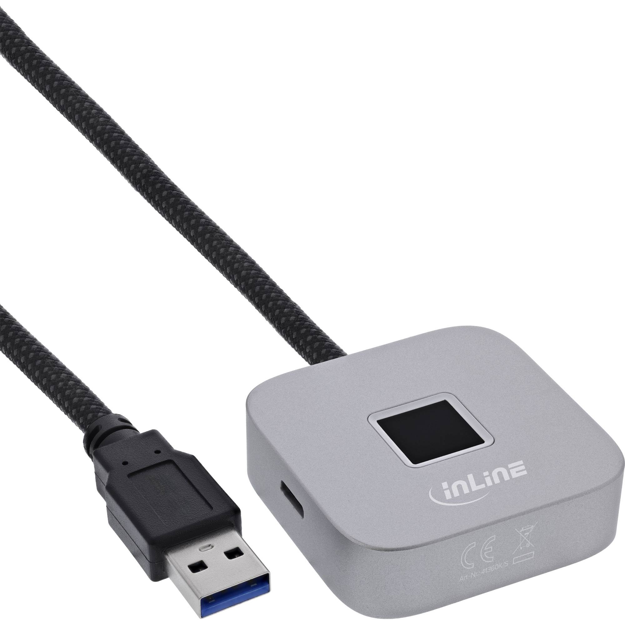 InLine USB Fingerabdruckscanner mit Hub Windows Hello kompatibel 1,5m silber Sicher anmelden ohne Passwort: