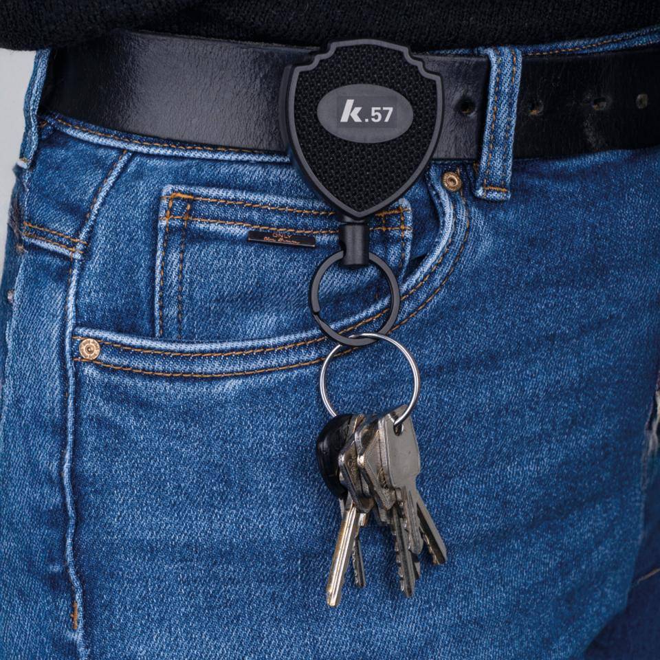 K.57 Schlüsselrolle, Federstahl-Gürtelclip, ABS-Kunststoff, Kevlarseil