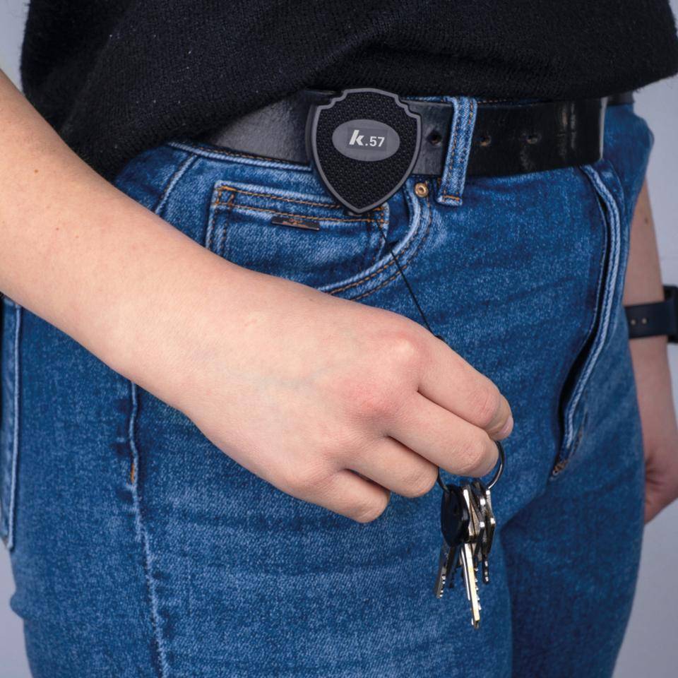K.57 Schlüsselrolle, Federstahl-Gürtelclip, ABS-Kunststoff, Kevlarseil