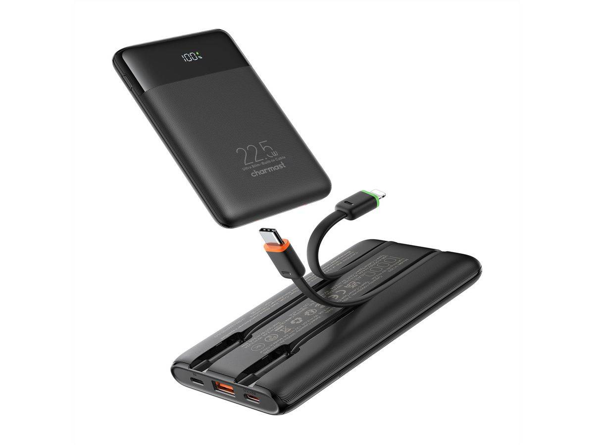 Charmast Powerbank W1202 10000mah black, Ultraslim Powerbank mit USB-C und Apple 8-Pin Kabel integriert Powerbank mit 1