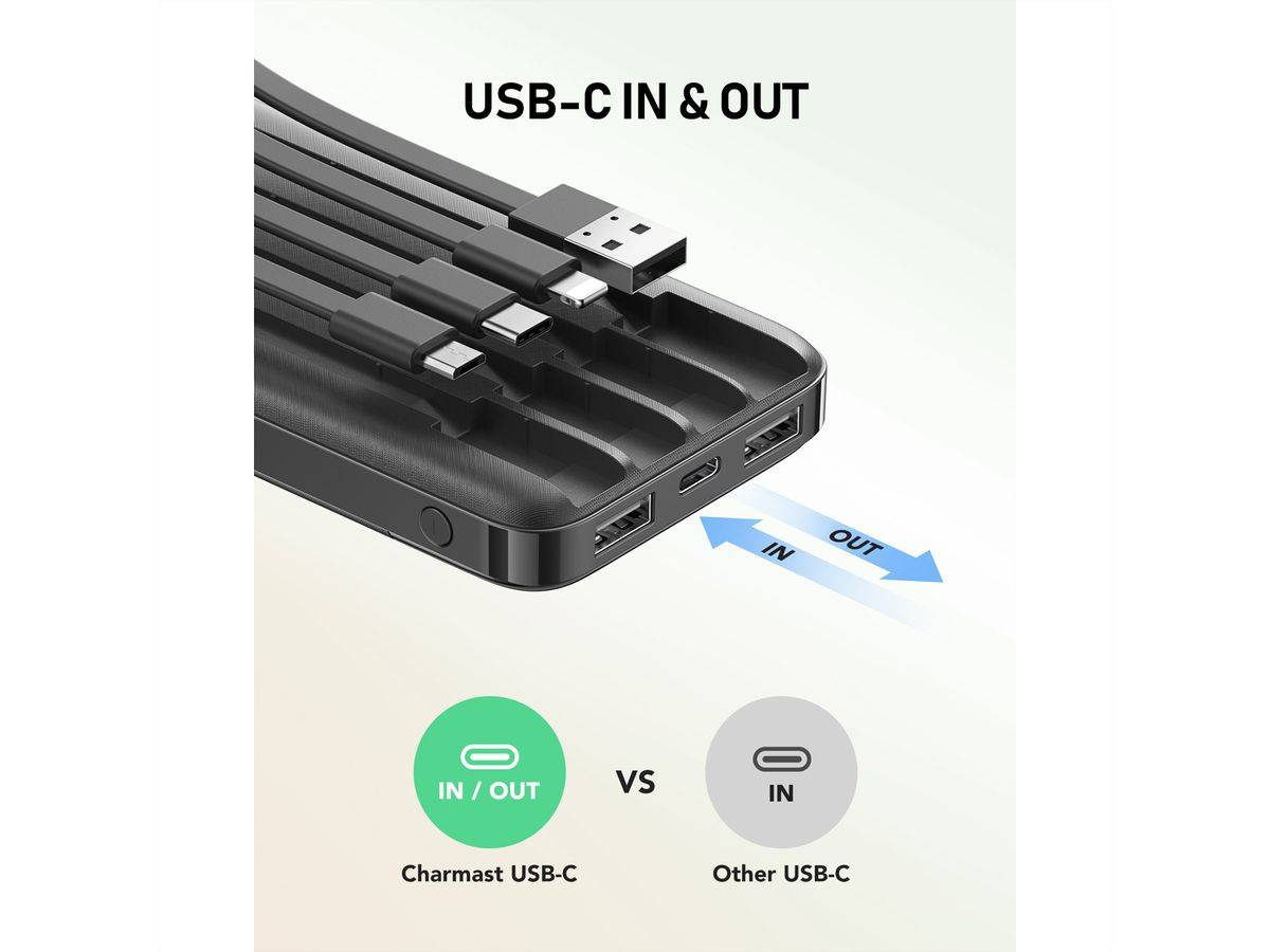 Charmast Powerbank W1148 10000mah black, Ultraslim Powerbank Universal Kompatibel Powerbank mit 10.000mah Kapazität Ein