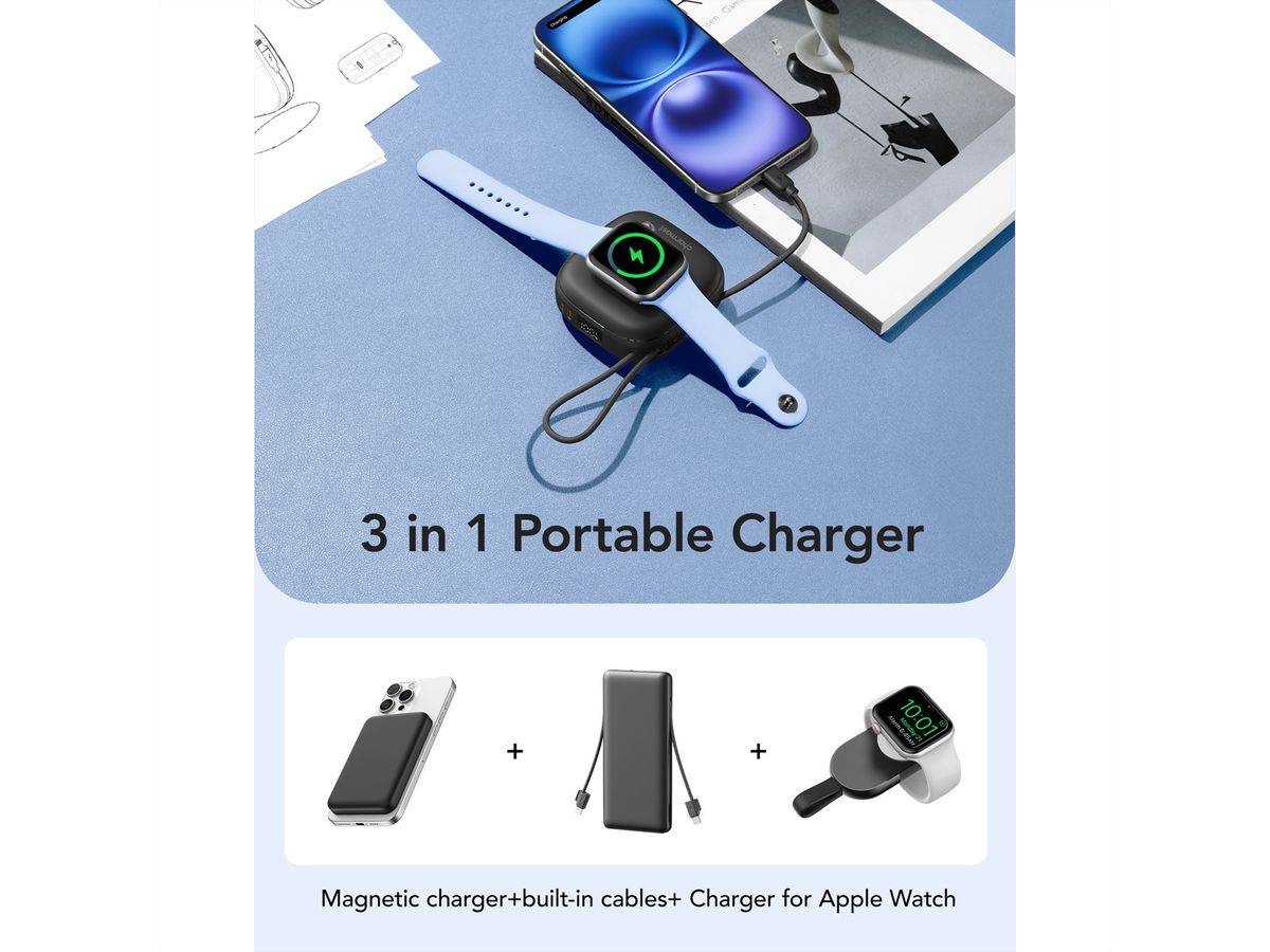 Charmast Powerbank W1205 10000mah black, Ultraslim Powerbank mit USB-C und Apple 8-Pin Kabel integriert Powerbank mit 1