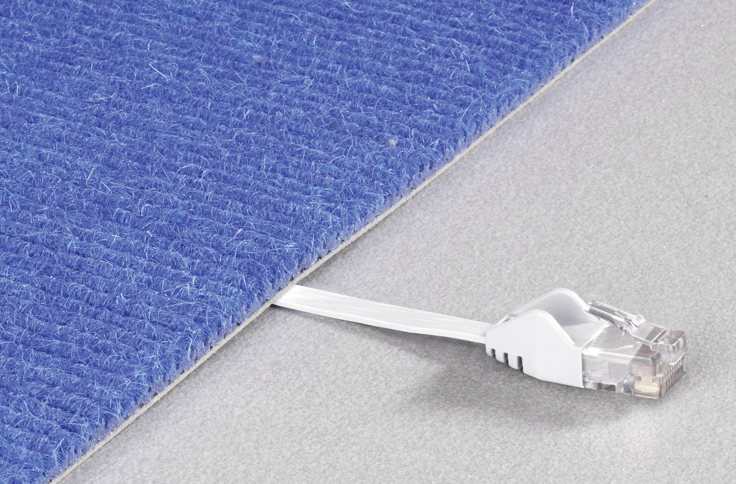 Ein blaues Kabel wird unter einem blauen Teppich hervorgezogen und zeigt einen Ethernet-Stecker.